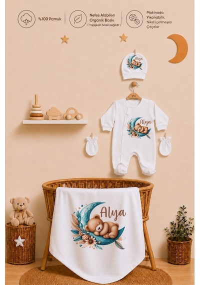 Pia Baby Kız Bebek Hastane Çıkışı 6 Parça %100 Pamuk İsme Özel Kese Hediyeli Tulum Şapka Eldiven Seti 1012tybkyx Krem