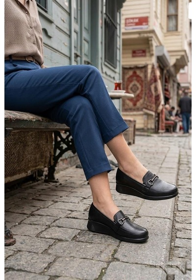 Mehmet Mete 4286 Comfort Rahat Hakiki Deri Loafer Kadın Ayakkabı Siyah