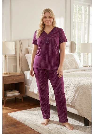 Eyfuze Kadın Büyük Beden Yakası Düğmeli Kısa Kollu Bambu Pijama Takımı Mürdüm-1