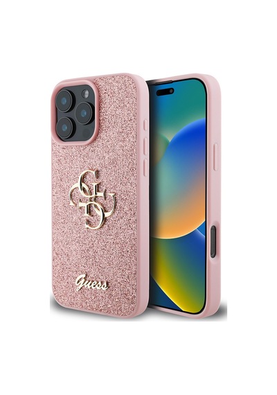 Apple Uyumlu iPhone 16 Pro Kılıf Guess Lisanslı 4g Büyük Metal Logolu Glitter Kapak Pembe