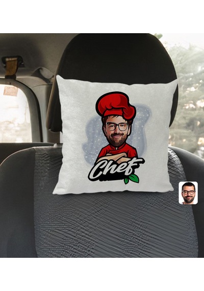Bk Gift Kişiye Özel Erkek Chef Karikatürlü Kare Araç Koltuk Yastığı-10 Çok Renkli