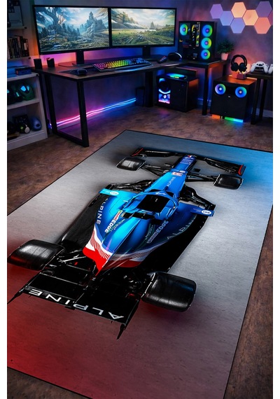 Formula 1 Mavi Yarış Arabası Halı Kaymaz Taban Yıkanabilir Çocuk Odası Halısı F1.3