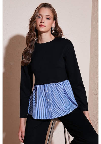 Lela Bisiklet Yaka Gömlekli  Oversize Fit Oysho Kumaş Bayan Sweat 5865880 Siyah