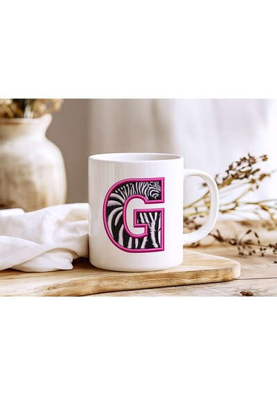G Harfi Zebra Deseni Ve Pembe Kenarlı Kupa Bardak - Kişiye Özel Nakış Efektli - Siyah Beyaz Pembe Beyaz