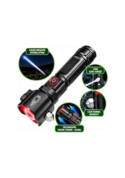 Gs-3400 1500 Lümen Cam Kırma Aparatlı Zoomlu Led Şarj Edilebilir El Feneri Diğer