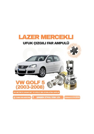 Volkswagen Golf 5 2003 - 2008 Kısa Far Uyumlu Mercek Led Ufuk Çizgili Far Ampulü Led Şimşek Etkili