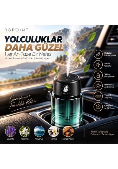 R8poınt Araç Koku Difüzörü Hava Nemlendiricisi 160 Ml Akıllı Aroma Atomizeri 200 Mah Şarjlı Type-c Led Işıklı 001