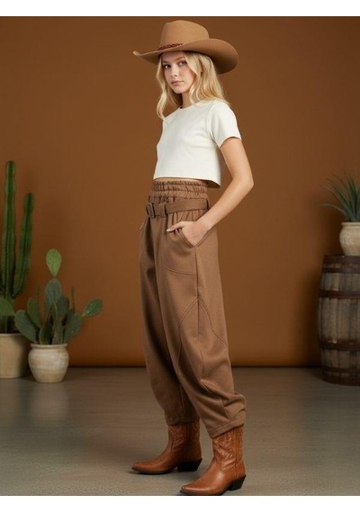 Zekids Kız Çocuk Kemerli Süet Baggy Tasarım Pantolon-16465 Camel