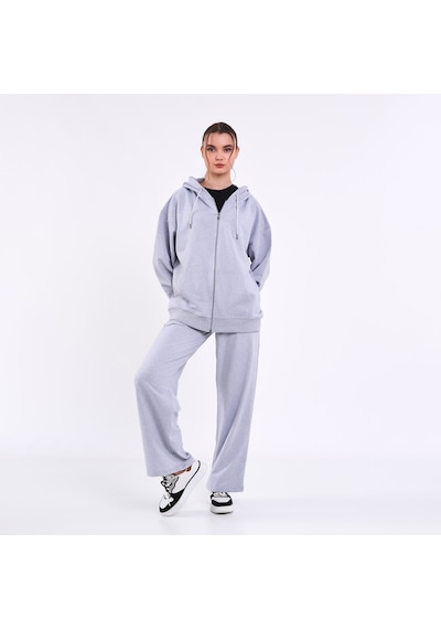 Mmetalic Kadın Gri Normal Kalıp Basic Beli Lastikli Kapüşonlu Oversize Mevsimlik Alt Üst Eşofman Takımı