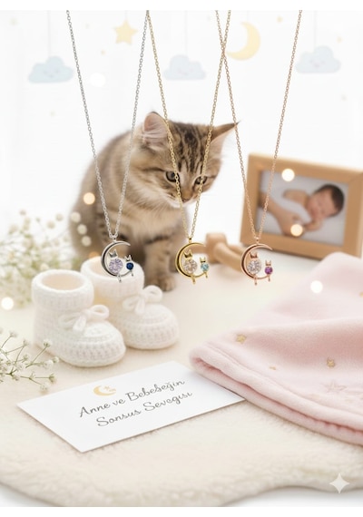 Anne Bebek Kedi Kolye.doğum Taşlı Kolye,anne Bebek Kolye Gümüş
