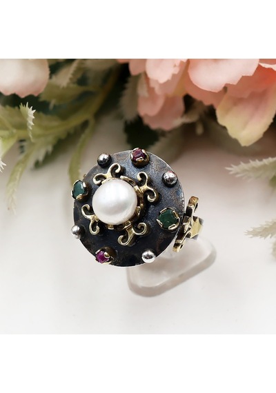 Yakut Ve Zümrüt Taşlı Otantik El Yapımı İncili Set Rose Gold - Gümüş