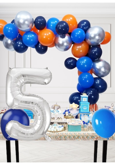 5 Yaş Kozmik Temalı Doğum Günü Seti Kozmik Mavi Turuncu Gümüş Mavi Balonlar Gümüş Folyo Rakam Çok Renkli