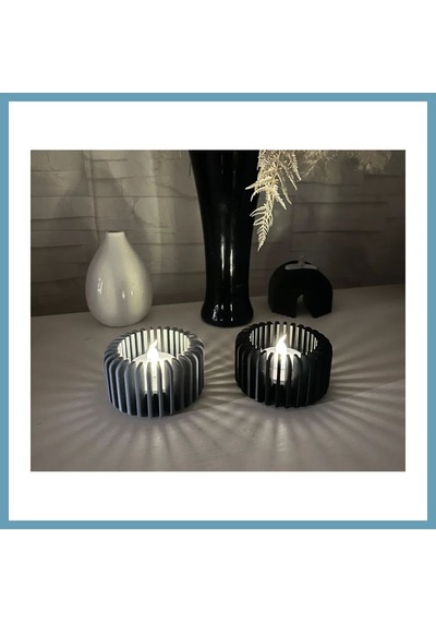 Bezos 3d Baskı Modern Çizgili Mumluk - Tealight Mumluk 1 Adet -gri Mbt06