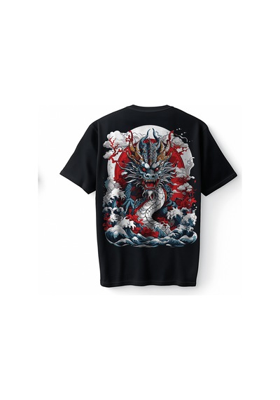 Bumeta Japon Ejderhası Baskılı Oversize Unisex Tişört T-shirt Siyah