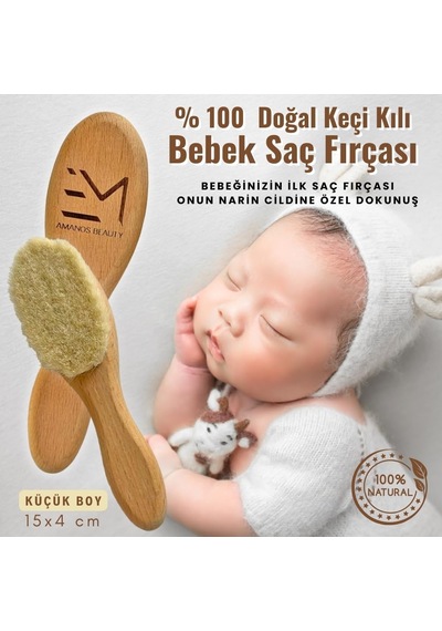 Küçük Boy%100 Doğal Keçi Kılı Bebek Saç Fırçası - Bebeğinizin Ilk Saç Fırçası, Narin Cildine Özel