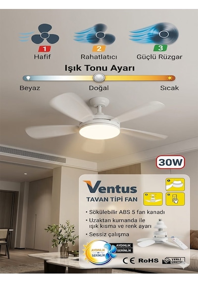 Ventus Sessiz Çalışma 5 Fan Kanat Ve Işıklı Uzaktan Kumandalı Tavan Tipi Vantilatör