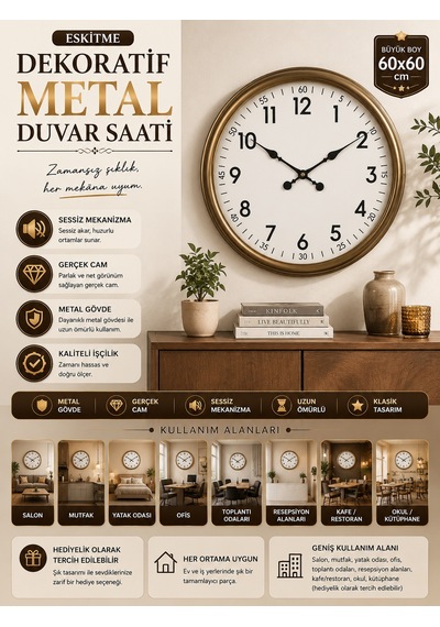60 Cm Eskitme Metal Dekoratif Duvar Saati