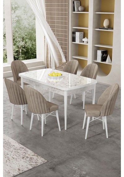 Canisa Gale Serisi 80x132 Açılabilir Lak Panel Beyaz Mermer Desen Mutfak Masa Takımı 6 Sandalye Masa Beyaz Mermer Desen Sandalye Cappucino Canisa Gale Serisi 80x132 Açılabilir Lak Panel Beyaz Mermer Desen Mutfak Masa Takımı 6 Sandalye Masa Beyaz Mermer Desen Sandalye Cappucino