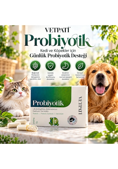 Vetpati Probiyotik Kedi Ve Köpekler Için Probiyotik Prebiyotik Sinbiyotik Takviye 15 Kapsül