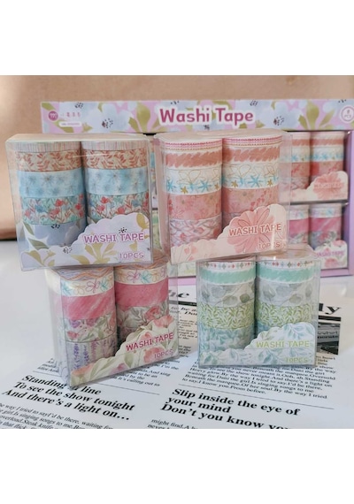 Vintage Washi Tape Bant Baskılı Yapışkanlı Maskeleme Kağıdı 45d Desenli Bant 10'lu - Pembe Çiçek Gül 1