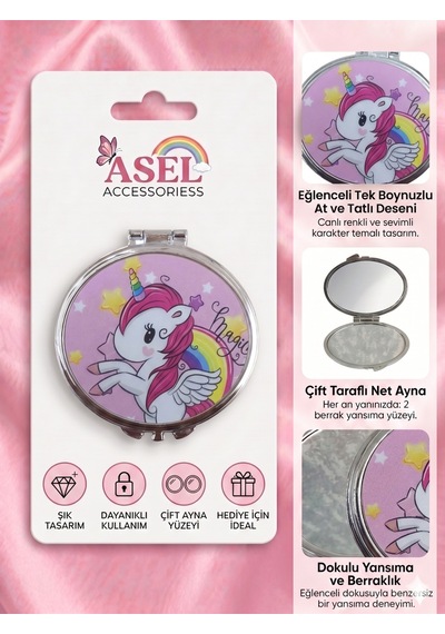 Sevimli Karakter Ve Unicorn Tasarımlı Çift Taraflı Katlanabilir Metal Cep Aynası - 9 Farklı Model F