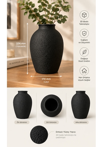 Dekoratif Vazo Modern Dokulu Tasarım 224 Mm Siyah