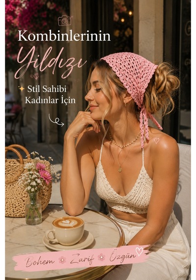 El Örgüsü Saç Bandanası Bohem Bone Yazlık Kombin Bandana Saç Aksesuarı Beyaz
