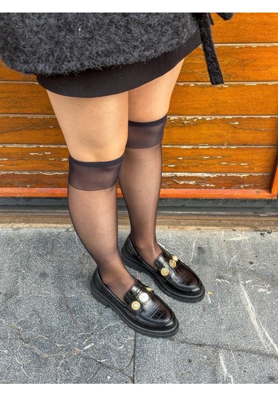 Erva'nın Butiği Siyah Kroko Vance İnci Toka Detay Kadın Loafer-5674 Kahve Kroko