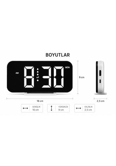 12h/24h Dijital Led Saat, Üç Ses Seviyesi, Çift Alarm, Rgb 10 Gece Lambası, 5 Parlaklık Seviyesi Siyah