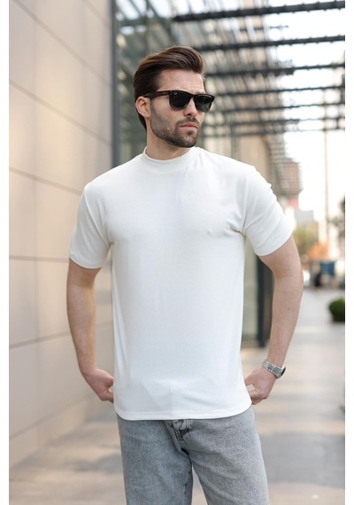 Madmext Ekru Bisiklet Yaka Basic Erkek T-shirt E7113