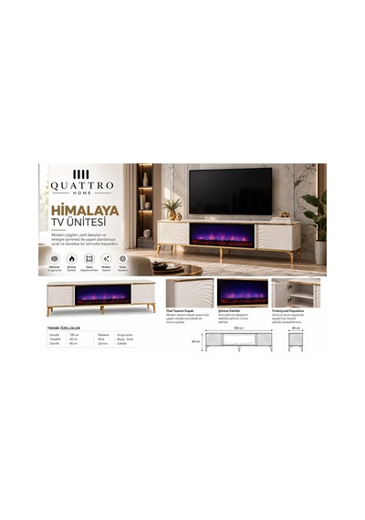 Himalaya Elektrikli Şömineli Tv Ünitesi 180 Cm Beyaz Gold Modern Tv Sehpası