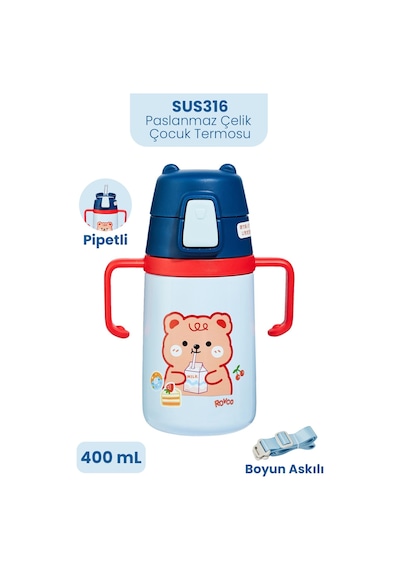 400 Ml 316l Paslanmaz Çelik Pipetli Çocuk Termosu Taşıma Kulplu Askılı Çift Duvar -ffr400ml4011 Lacivert