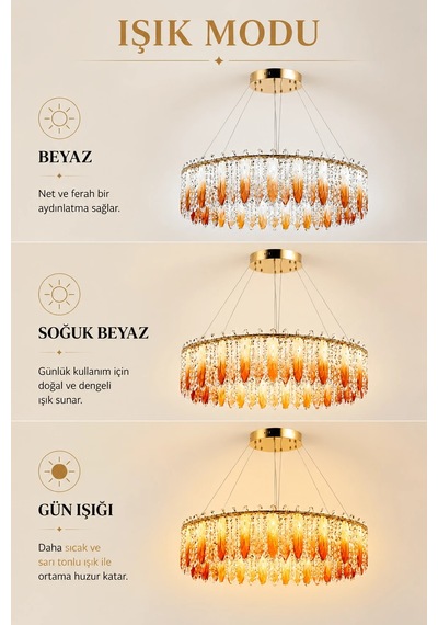 Modern Premıum Kuş Tüyü Gold Sarkıt Avize 3 Renk Led Salon Yemek Odası Avizesi 94w Beyaz