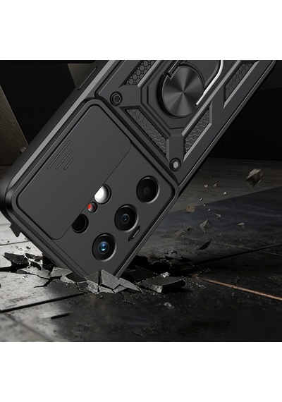 Tecno Camon 50 Kılıf Magnetik Standlı Kamera Korumalı Zore Sürgülü Vega Kapak - Siyah