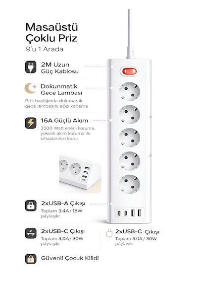 3680w 1050j Akım Korumalı 5li Priz 2 Usb 2 Type-c 3.4a Dokunmatik Led Anahtarlı 2m Kablo Çoklu Priz Standart