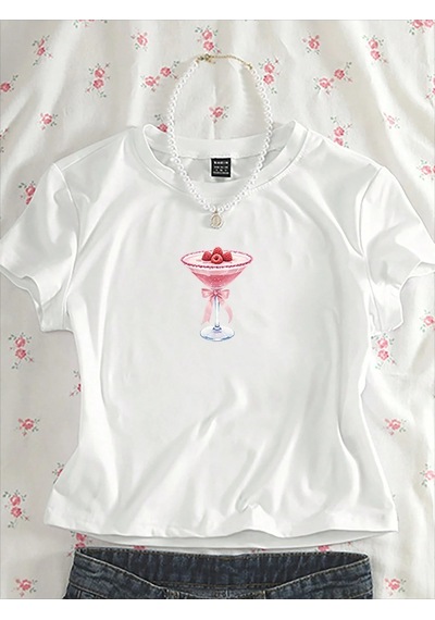 Startmore Kadın Frambuaz Kadeh Kurdele Baskılı Baby Tee Crop Beyaz