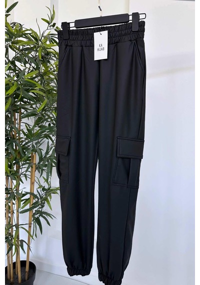 Kahijab Kargo Cep Deri Jogger Pantolon - Siyah Siyah