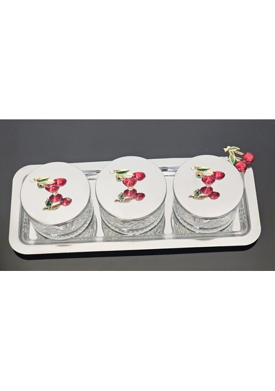 Atabey Home Collection 3'lü Kirazli Gümüş Tepsili Kase Seti & Şekerlik & Sunumluk & Çerezlik