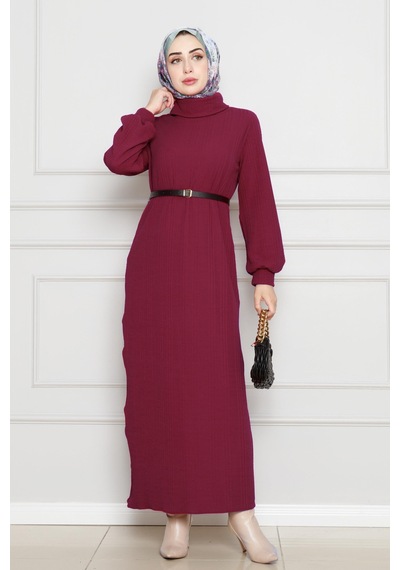 Sevitli Balıkçı Yaka Kemerli Elbise-bordo-4553 Bordo