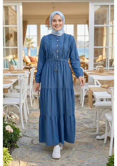 Hb Harma Time Butik Kadın Düğmeli Fırfırlı Detaylı Koyu Mavi Kot Elbise