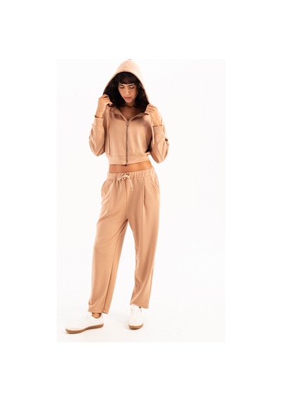 Justever Oversize Fit Beli Lastikli Cepli Rahat Kesim Vizon Kadın Eşofman Altı Pantolon - Flex Vizon