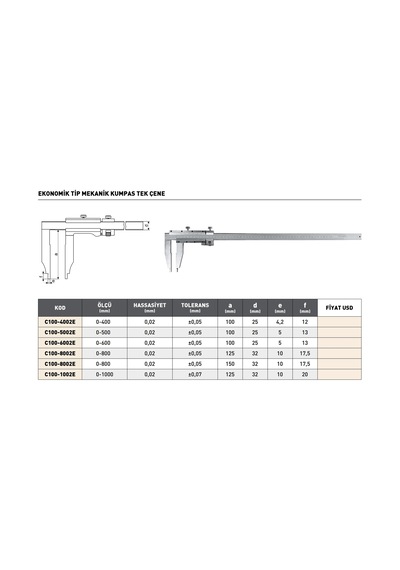 Fett 0-400mm Pld Ekonomik Tip Mekanik Tek Çene Kumpas
