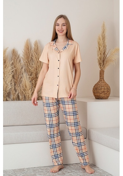 Farya Home Dreamy Milan Kısa Kollu Ekose Kareli Düğmeli Gömlek Pijama Takımı SOMON