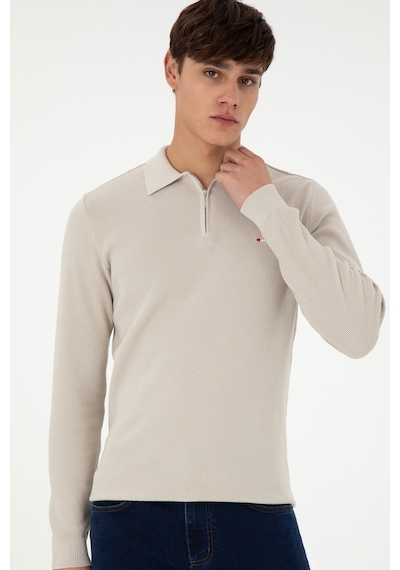 U.S. Polo Assn. Erkek Regular Fit Yarım Fermuarlı Taş Basic Kazak 50298266-VR049
