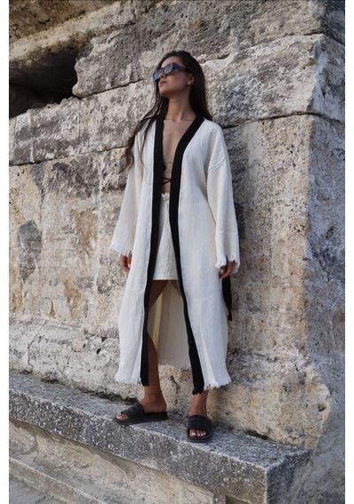 Befera Müslin Kimono Pamuklu Nazar Boncuk Baskılı Desenli Bornoz Kaftan Sabahlık Ekru