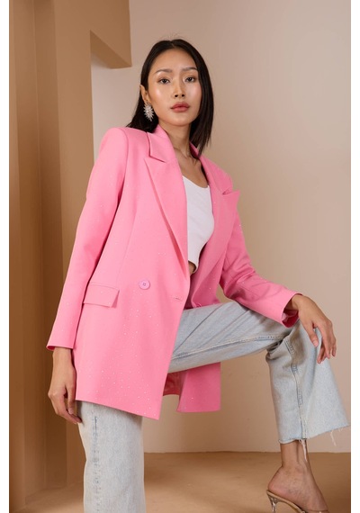 Pembe Regular Dokuma Astarlı Taş Detaylı Blazer Ceket Pembe