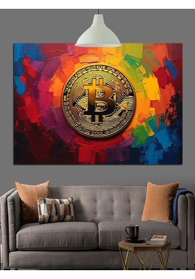 Renkli Fonda Bitcoin Sembolü Dekoratif Kanvas - Mdf Ahşap Tablo