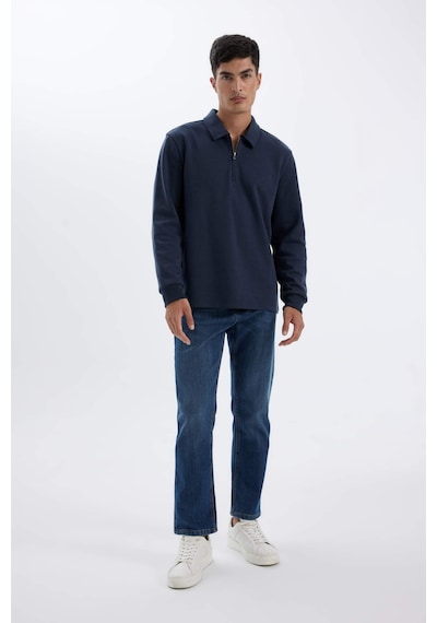 DeFacto Regular Fit Polo Yaka Yarım Fermuarlı Basic Düz Sweatshirt D2279AX24AUNV125 Lacivert