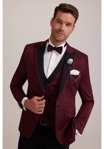Ysf Erkek Bordo Kırlangıç Yaka Yelekli Slim Fit Desenli Damatlık