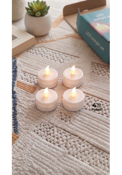4'lü Pilli Led Tealight Mum Seti - Sıcak Sarı Işık - Piller Dahildir - Dekoratif Yalancı Mum